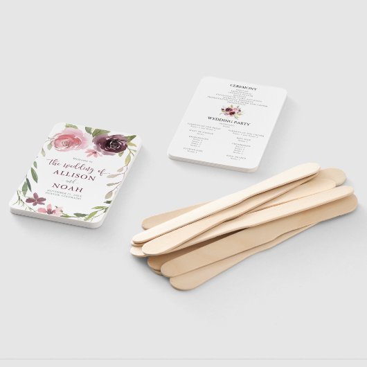 Bourgondische blozen bloemenbruiloft waterverf bru handwaaier (Niet-gemonteerd)