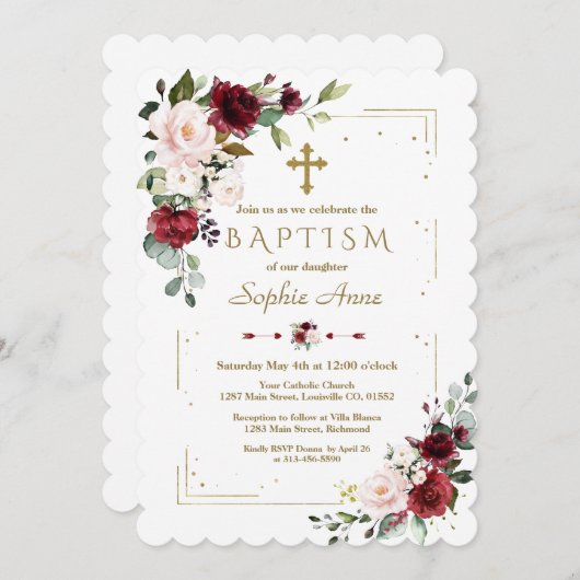 Bourgondische Blush Bloem Gouden Glitter Frame Doo Kaart (Voorkant / Achterkant)