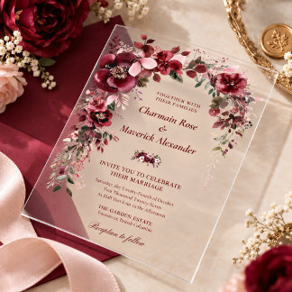 Bourgondische Blush Bloemen Bruiloft Acryl Uitnodigingen