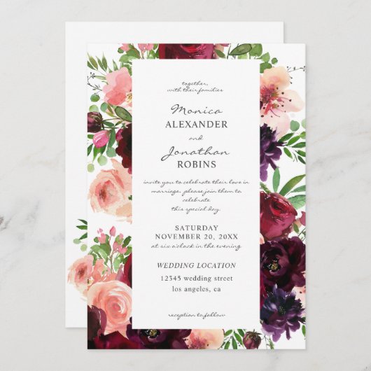 Bourgondische & Blush Bloemen Bruiloft Kaart (Voorkant / Achterkant)