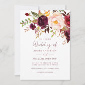 Bourgondische Blush Bloemen Bruiloft Kaart (Voorkant)