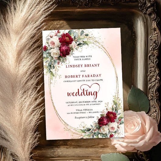 Bourgondische Blush Bloemrijke Boho Trouw Uitnodig Kaart