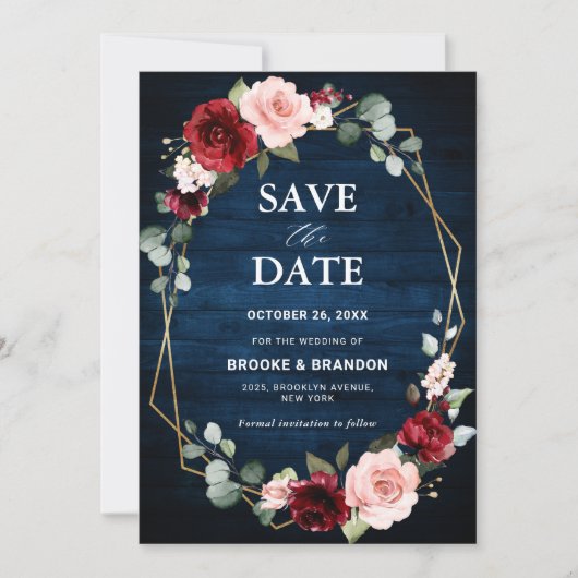 Bourgondische Blush Bloemrijke Moderne Geometrisch Save The Date (Voorkant)
