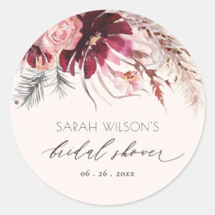 Bourgondische Blush Bloemrijke Pampas Gras Bruilof Ronde Sticker