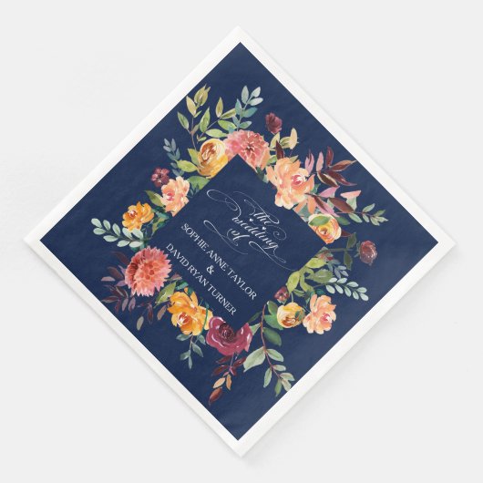 Bourgondische Blush Bloemstuk Donkerblauwe Huwelij Servet (Hoek)