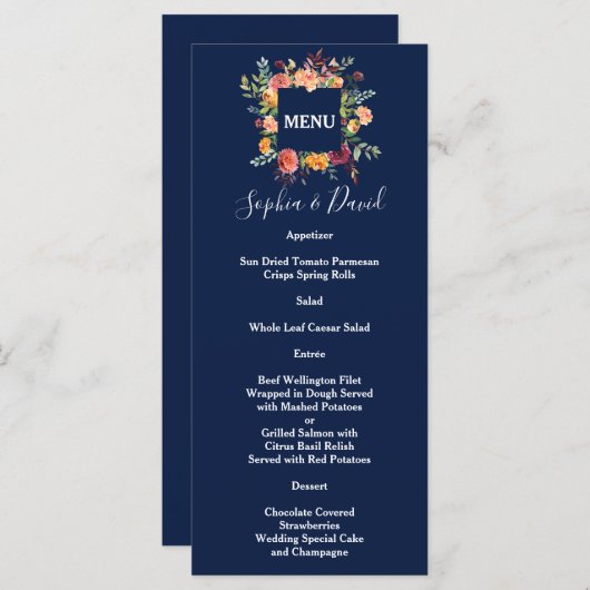 Bourgondische Blush Bloemstuk Donkere Blauwe Trouw Menu (Voorkant / Achterkant)
