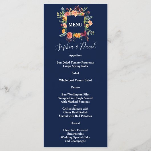 Bourgondische Blush Bloemstuk Donkere Blauwe Trouw Menu (Voorkant)