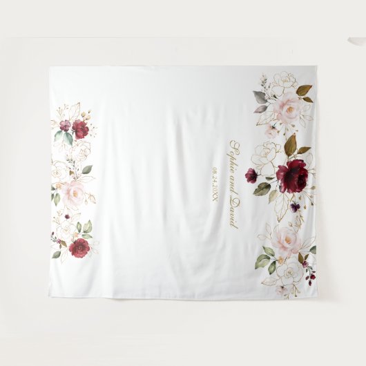 Bourgondische Blush Gouden Bloem Bruiloftsfotocabi Wandkleed (Voorkant (horizontaal))