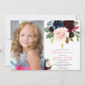 Bourgondische blush marine meisje eerste communie  kaart (Voorkant)