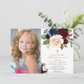 Bourgondische blush marine meisje eerste communie  kaart (Staand voorkant)