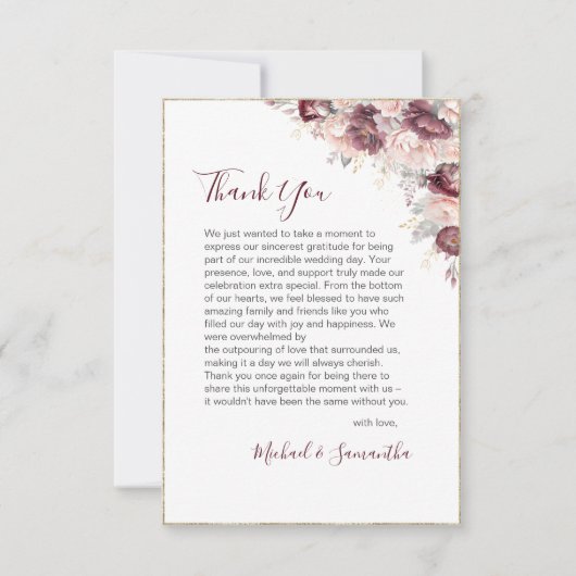 Bourgondische Blush Pioen en Rozen Bruiloft Bedankkaart (Voorkant)