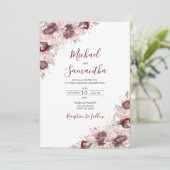 Bourgondische Blush Pioen en Rozen Bruiloft Kaart (Staand voorkant)
