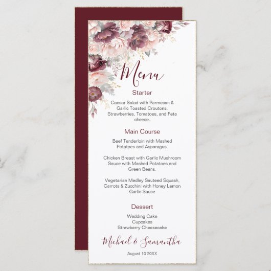 Bourgondische Blush Pioen en Rozen Bruiloft Menu (Voorkant / Achterkant)