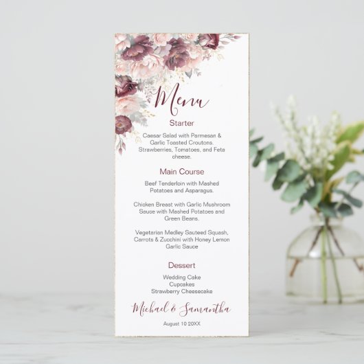 Bourgondische Blush Pioen en Rozen Bruiloft Menu (Staand voorkant)