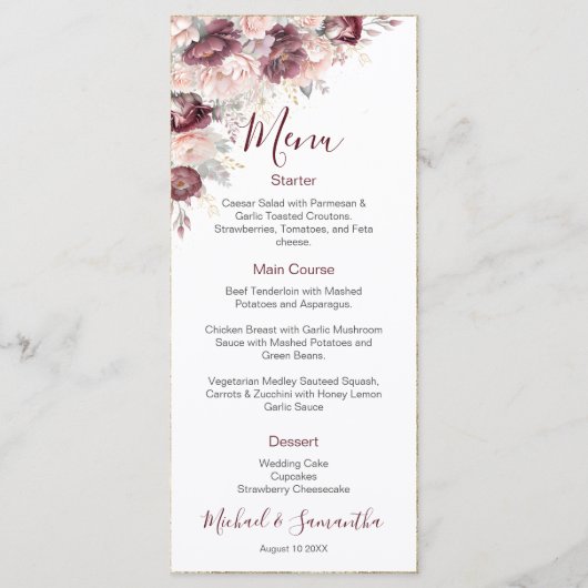 Bourgondische Blush Pioen en Rozen Bruiloft Menu (Voorkant)