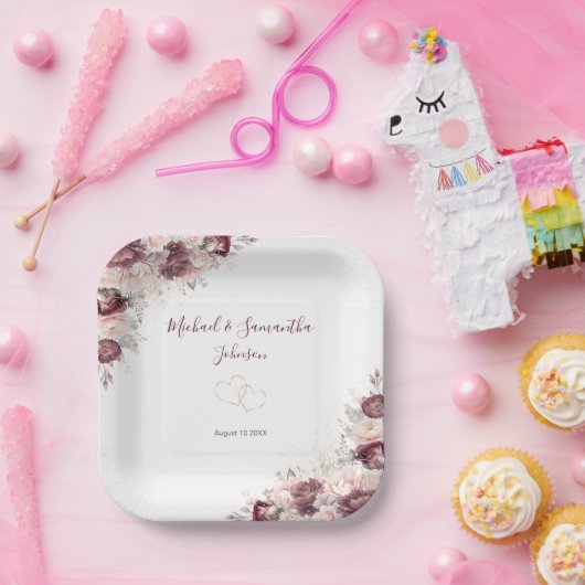 Bourgondische Blush Pioen en Rozen Bruiloft Papieren Bordje (Feest)