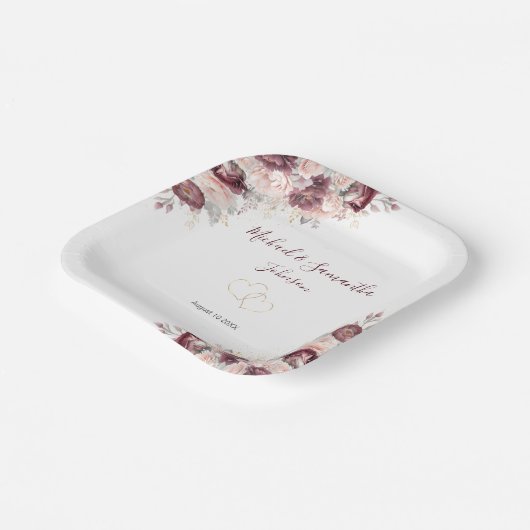 Bourgondische Blush Pioen en Rozen Bruiloft Papieren Bordje (Gebogen)