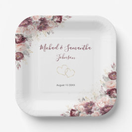 Bourgondische Blush Pioen en Rozen Bruiloft Papieren Bordje