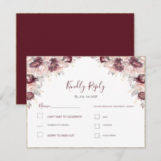 Bourgondische Blush Pioen en Rozen Bruiloft RSVP Kaartje (Voorkant / Achterkant)