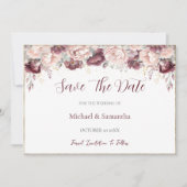 Bourgondische Blush Pioen en Rozen Bruiloft Save The Date (Voorkant)
