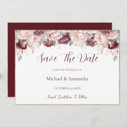 Bourgondische Blush Pioen en Rozen Bruiloft Save The Date (Voorkant / Achterkant)