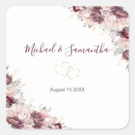 Bourgondische Blush Pioen en Rozen Bruiloft Vierkante Sticker