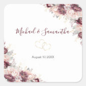Bourgondische Blush Pioen en Rozen Bruiloft Vierkante Sticker (Voorkant)