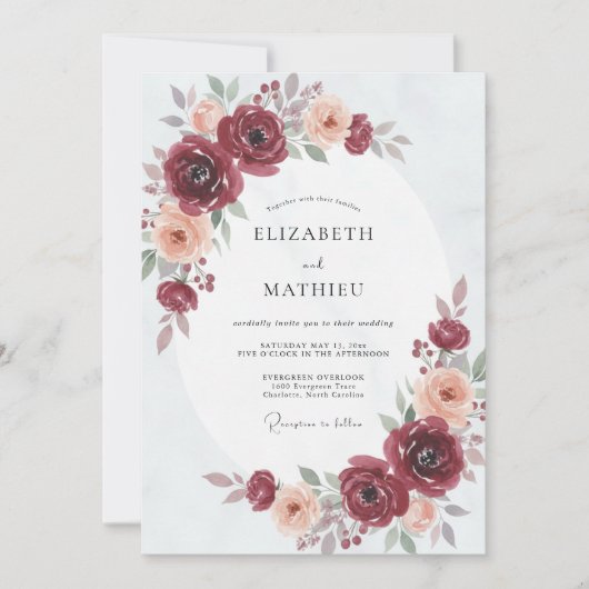 Bourgondische Blush Ranunculus Eucalyptus Bruiloft Kaart (Voorkant)