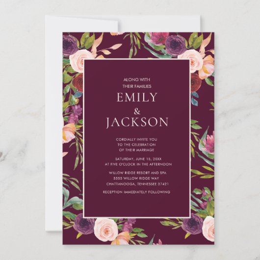 Bourgondische Blush Roze Aquarel Bloem Bruiloft Kaart (Voorkant)