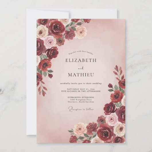 Bourgondische Blush Rozen Bruiloft Kaart (Voorkant)