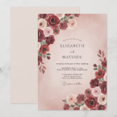 Bourgondische Blush Rozen Bruiloft Kaart (Voorkant / Achterkant)