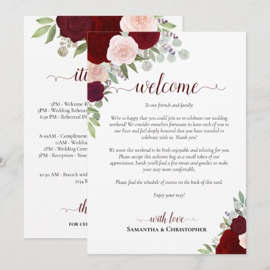 Bourgondische Blush Rozen Trouw Welkom & Reisprogr Programmakaart (Voorkant / Achterkant)