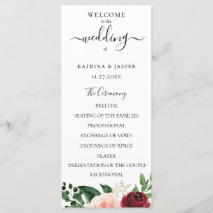 Bourgondische Blush Waterverf Bloemen Bruiloft Programmakaart