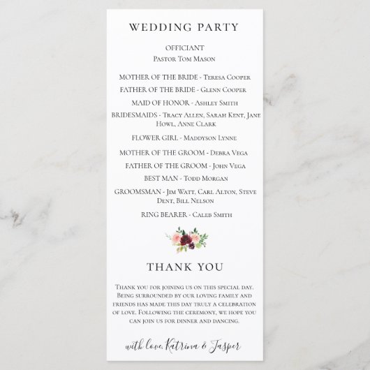 Bourgondische Blush Waterverf Bloemen Bruiloft Programmakaart (Achterkant)