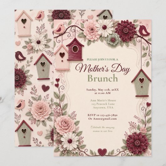 Bourgondische Blush Winter Moederdag Brunch Kaart (Voorkant / Achterkant)