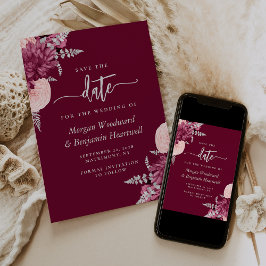 Bourgondische Blush Zilveren Bloemen Bruiloft Save Kaart