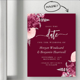 Bourgondische Blush Zilveren Bloemen Bruiloft Save Magnetische Uitnodiging