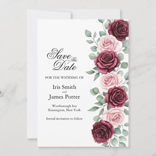 Bourgondische Boho bloem en Blush Roze Roos Save t The Date (Voorkant)