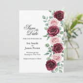 Bourgondische Boho bloem en Blush Roze Roos Save t The Date (Staand voorkant)