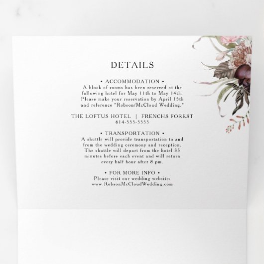 Bourgondische Boho bloemenbruiloft alles in één dr Drieluik Uitnodiging (Binnenzijde eerst)