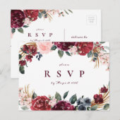 Bourgondische boho bloemenrustieke bruiloft RSVP Uitnodiging Briefkaart (Voorkant / Achterkant)