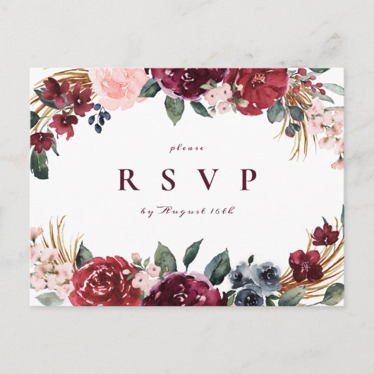Bourgondische boho bloemenrustieke bruiloft RSVP Uitnodiging Briefkaart (Voorkant)