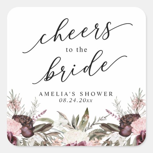 Bourgondische Boho Bloemige Bruids-Shower Vierkante Sticker (Voorkant)