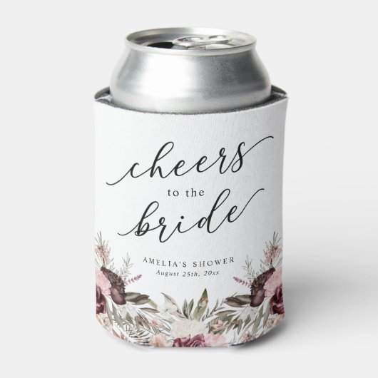 Bourgondische Boho Bloemige Bruiloftsdouche Blikjeskoeler (Blikje Voorkant)
