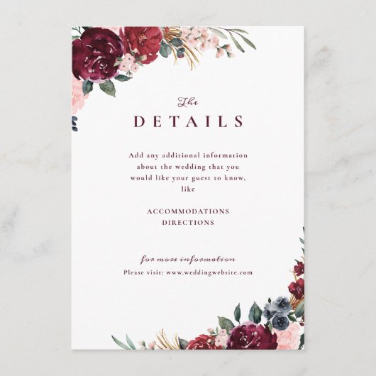 Bourgondische boho bloemige rustieke trouwdetails informatiekaartje (Voorkant)
