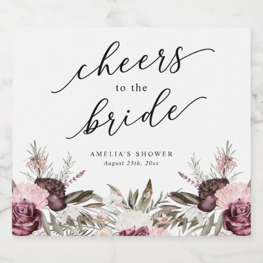 Bourgondische Boho Bloemrijke Bruids-Shower Sparkling Wijnetiket (Enkel label)