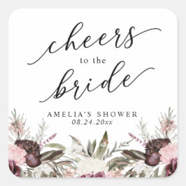 Bourgondische Boho Bloemrijke Bruidsdouche Vierkante Sticker