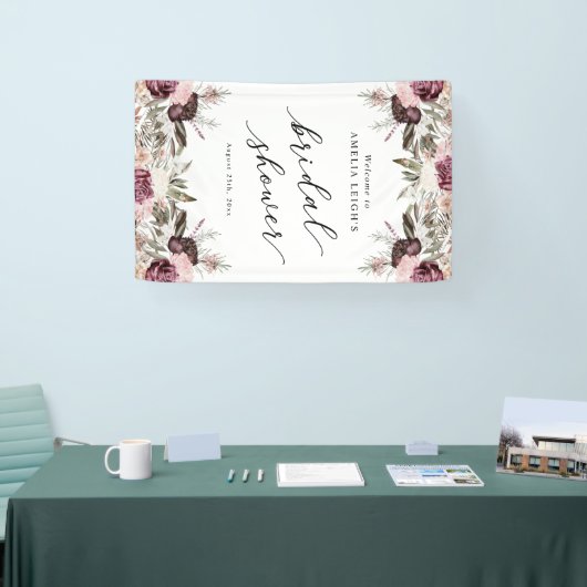 Bourgondische Boho Bloemrijke Bruiloft Feest Spandoek (Beurs)