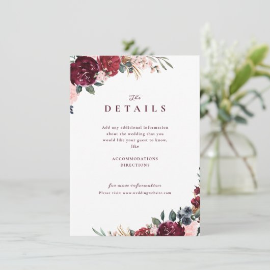 Bourgondische boho bloemrijke rustieke trouwdetail informatiekaartje (Staand voorkant)