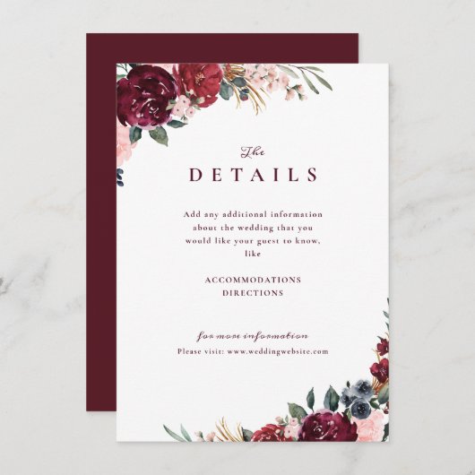 Bourgondische boho bloemrijke rustieke trouwdetail informatiekaartje (Voorkant / Achterkant)